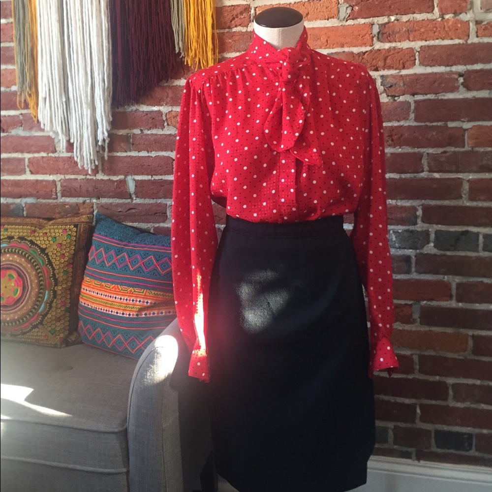 Evan Picone red polka dot blouse lewk